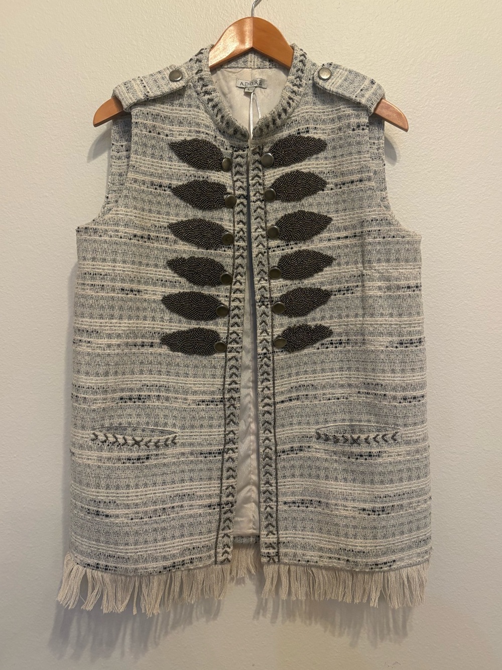 Vintage Beaded Tweed Military Vest Boho Fringe Open Front Jacket L